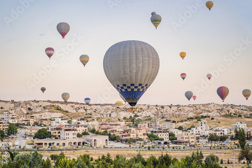 Colorful hot air balloon flying over Cappadocia, Turkey