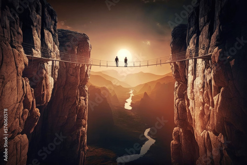Leinwand Poster zwischen zwei Felsen ist ein Hängebrücke gespannt auf der die Bergsteiger die Sc