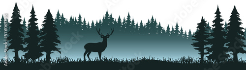 Silhouette of wild deer and black forest fir spruce trees camping wildlife adventure misty fog landscape panorama illustration icon vector for logo, isolated on white background