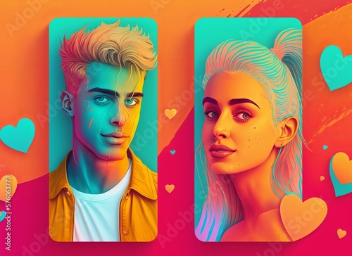 Online dating app, young man and woman on the mobile phone. Generative AI.