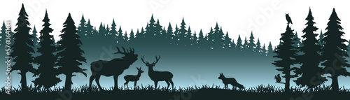 Silhouette of wild forest woods animals and misty fog forest fir trees camping adventure wildlife landscape panorama illustration icon vector for logo  isolated on white background