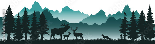 Silhouette of mountains, wild forest woods animals and misty fog forest fir trees camping adventure wildlife landscape panorama illustration icon vector for logo, isolated on white background