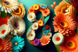 Colorful spring floral background with gerbera, daisy  and number 8, 8 mart concept, generative ai