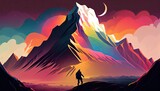 The Eternal Struggle Toward Success: An Abstract View of a Climber Reaching the Peak of a Mountain at Sunset. Generative AI