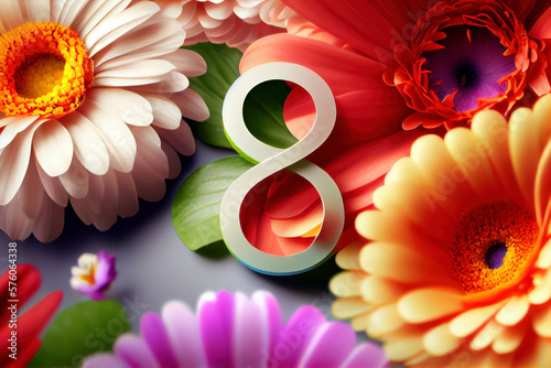 Colorful spring floral background with gerbera, daisy  and number 8, 8 mart concept, generative ai photo
