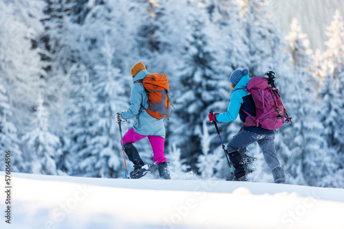 Two people in snowshoes and with backpacks on a hike. the concept of adventure and extreme recreation.