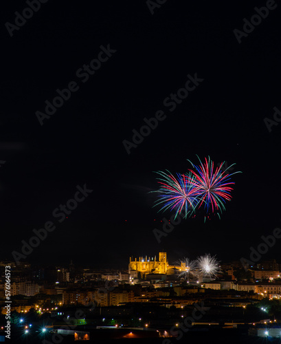 Huesca (aragon spain) night landscape with fireworks