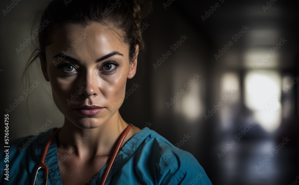 Fototapeta premium Female Doctor or Nurse, portrait with blurred hospital hallway in the background. Illustrative Generative AI. Not a real person.