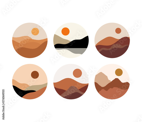 Mountain landscape with sun in round shape and pastel colors, decoration, frame, poster, icon