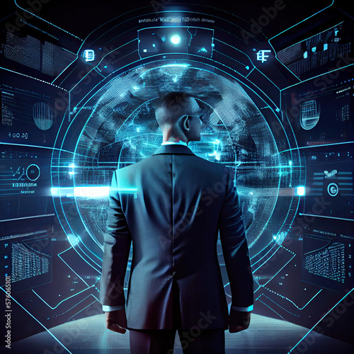 Metaverse digital cyber world technology concept businessman success working with his team as concept with virtual digital dashboard interface with The real world with the virtual world overlapped