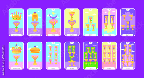 Tarot cards flat deck cartoon. Taro card minor arcanas suit of cups, occult vector game set. Full goblets pack of spiritual signs Ace, King, Queen, Knight, Page, Two to Ten esoteric magic and