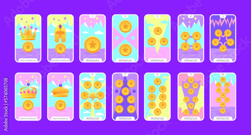 Tarot cards flat deck cartoon. Taro card minor arcanas suit of coins, occult vector game set. Full pentacle pack of spiritual signs Ace, King, Queen, Knight, Page, Two to Ten esoteric magic and