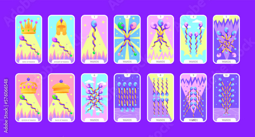Tarot cards flat deck cartoon. Taro card minor arcanas suit of wands, occult vector game set. Full pack of spiritual signs Ace, King, Queen, Knight, Page, Two to Ten esoteric magic and astrology
