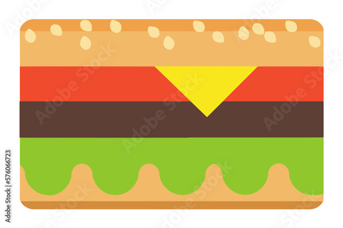 Here is flat art that looks like a hamburger with tomato, lettuce and sesame seeds. This is a vector.