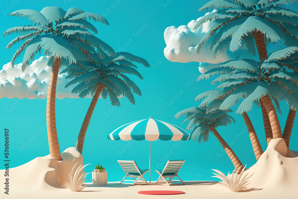 summer beach vacation scene with blue sky sun beds and umbrella