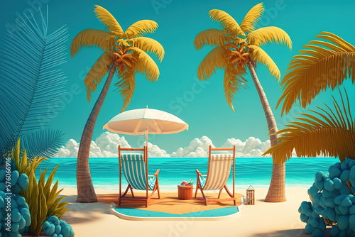 Beach vacation scene with blue sky sun beds and umbrella