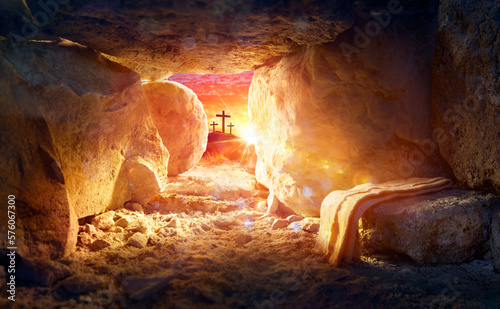 Fotografie, Obraz Resurrection Of Jesus Christ - Tomb Empty With Shroud And Crucifixion At Sunrise