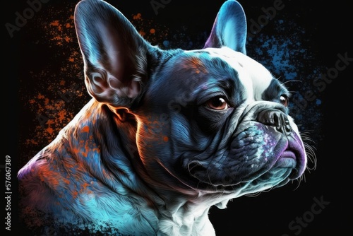 Adorable French Bulldog Loved By All Bursting With Light Blue  Purple  and Orange Colors. Generative AI