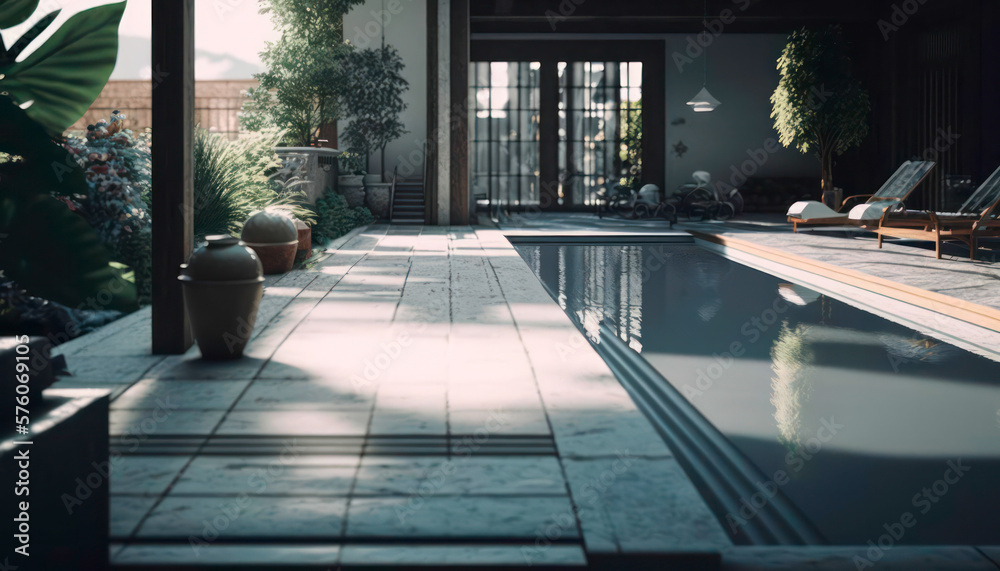 interior of a modern building. Indoor swimming pool with beautiful light. Generative AI interior of a modern building. Indoor swimming pool with beautiful light. Generative AI