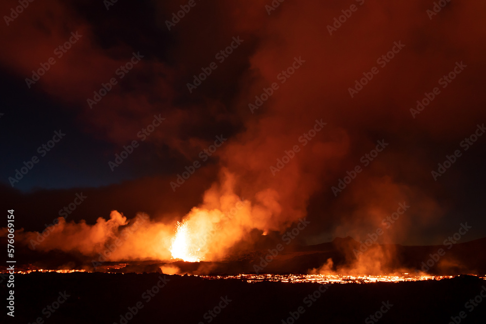 Eruption smoke night clouds Iceland