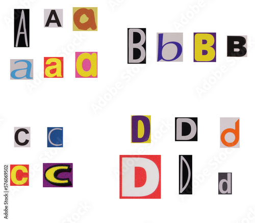 Letters a-d of colorful newspapers, magazines or magazine letters isolated on a white background