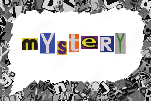 word mystery from cut newspaper letters into a speech bubble from magazine letters photo