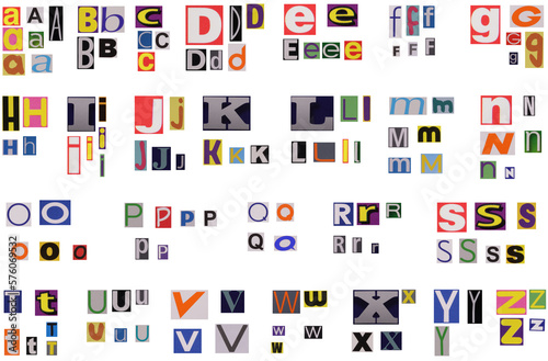 Alphabet set of colorful newspapers, magazines or magazine letters isolated on a white background