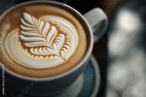 Cup of latte, close-up. AI generated image.