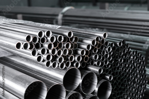 Stainless steel pipes in an industrial warehouse