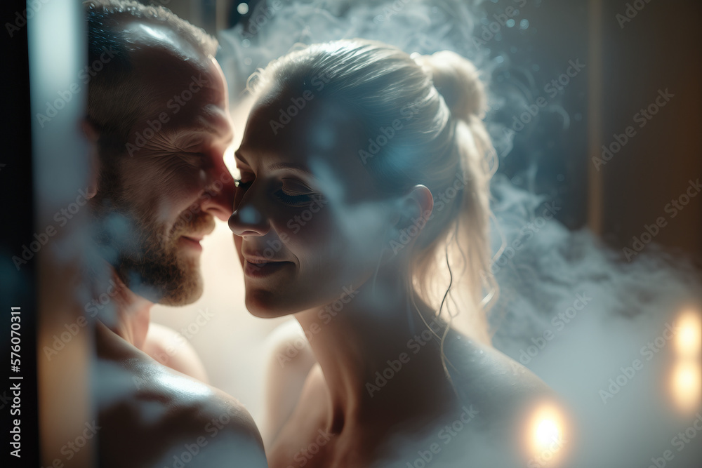 Couple enjoying a romantic steam room session, surrounded by steam and