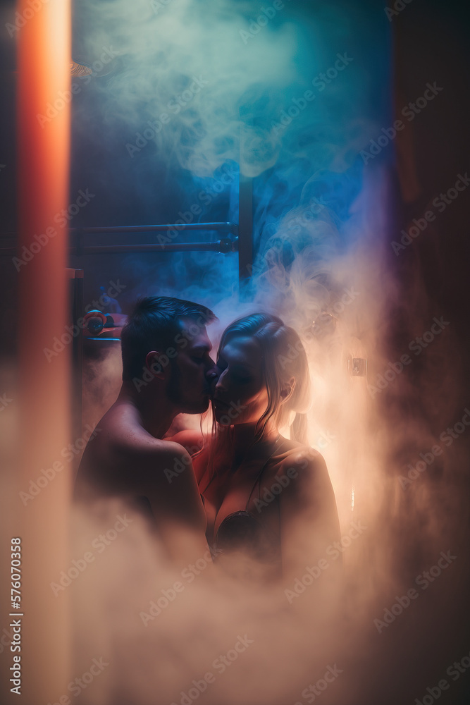 Couple enjoying a romantic steam room session, surrounded by steam and