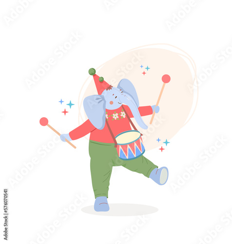 Blue toy plush elephant in festive hat with pom-poms, pants and  knitted sweater walks merrily and beats drum with drumsticks. Children's congratulatory vector illustration on isolated background.
