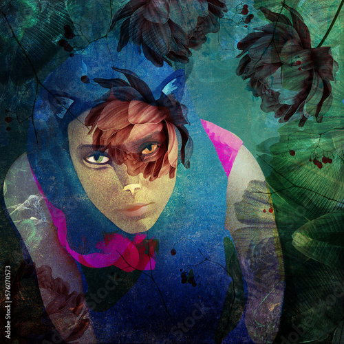 Ilustracja portret młoda kobieta ze spojrzeniem kota wśród roślin abstrakcja