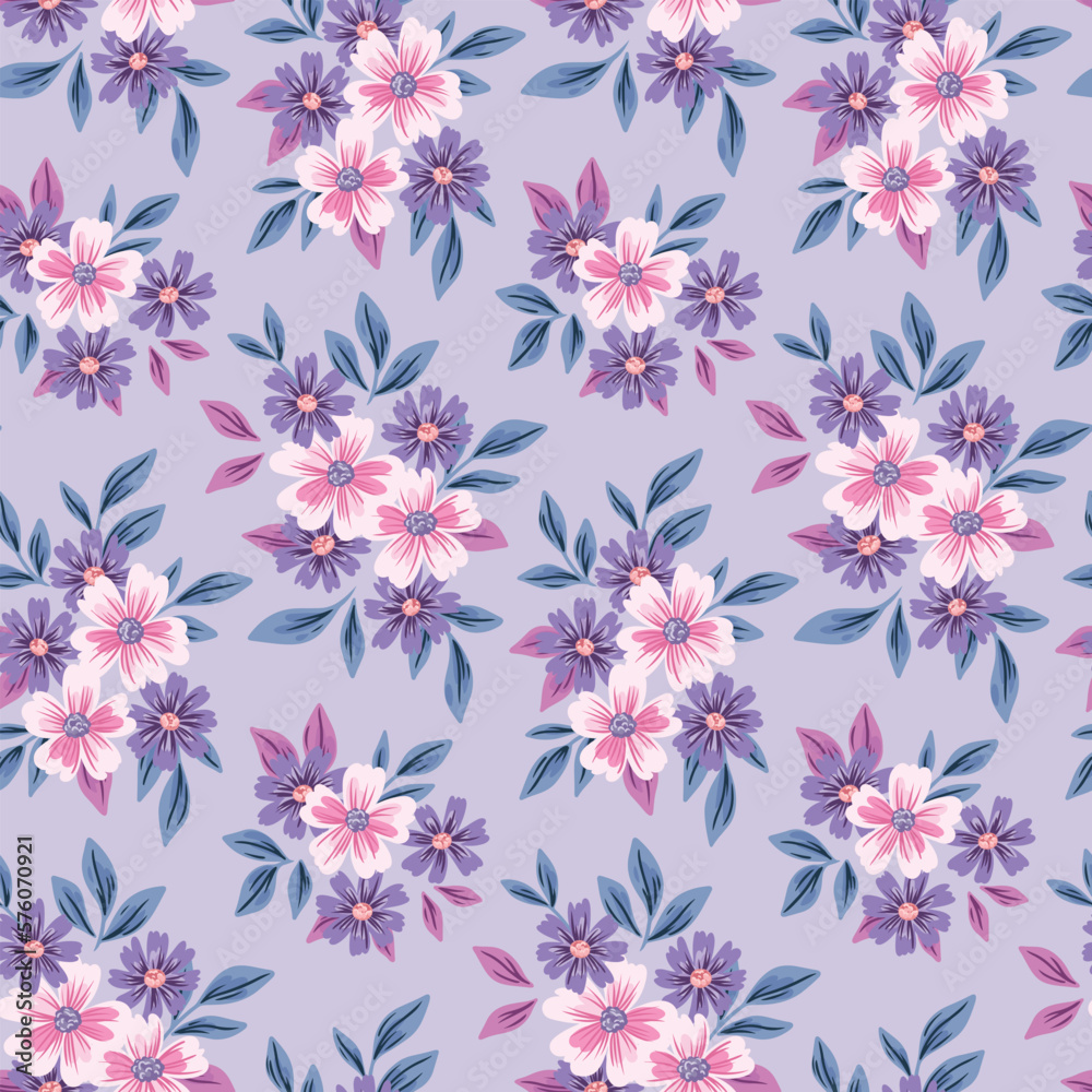 Seamless floral pattern, cute ditsy print with vintage motif. Beautiful botanical design with small hand drawn flowers: little flowers, leaves in bouquets on a lilac background. Vector illustration.