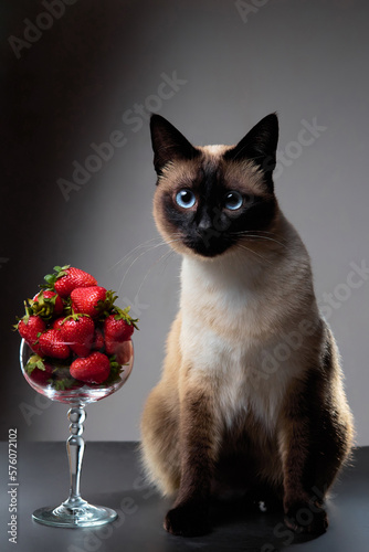 Cute cat mekong bobtail breed posing with red fresh strawberries in glass. Close up view.