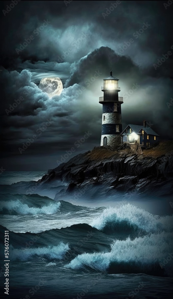 An weathered old Lighthouse and massive waves crashing and splashing - generative ai
