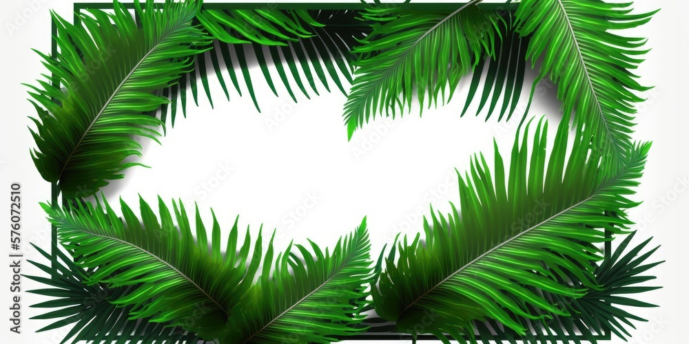 Green leafs frame of palm tree on white background - generative ai