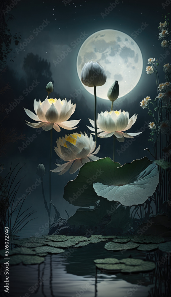 Chinese white lotus in the moon light - generative ai