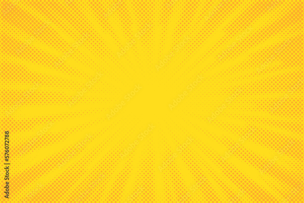 Obraz premium Yellow comics background. Abstract lines backdrop. Bright sunrays. Design frames for title book. Texture explosive polka. Beam action. Pattern motion flash. Rectangle fast boom. Vector illustration