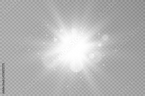  Special lens flash, light effect. The flash flashes rays and searchlight. illust.White glowing light. Beautiful star Light from the rays. The sun is backlit. Bright beautiful star. Sunlight. Glare.
