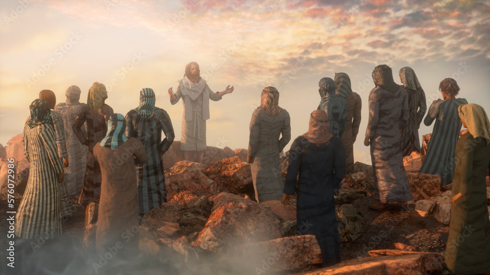 Jesus Christ preaches the Sermon on the Mount and the Twelve Apostles 3d render - obrazy, fototapety, plakaty 