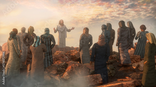 Obraz na plátně Jesus Christ preaches the Sermon on the Mount and the Twelve Apostles 3d render