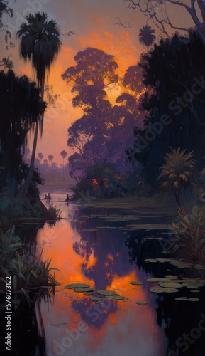 A jungle landscape set during twilight and river, with tall trees reflected in the calm waters - generative ai