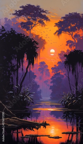 A jungle landscape set during twilight and river  with tall trees reflected in the calm waters - generative ai