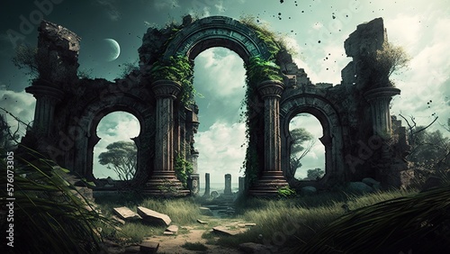 Destroyed abandoned city and human extinction cinematic dramatic illustration world after war concept buildings debris and ruins view generative ai