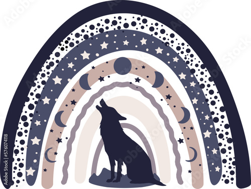The wolf moon. Template or poster with cute wolf, moon circle and stars for girl or boy. Stay wild moon. Nursery prints with doodle illustrations. Ideal for room decoration, clothes