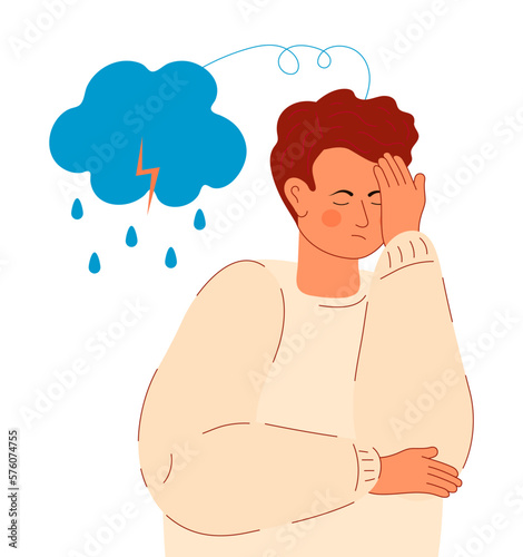 Mental illness concept vector. Character depression, stress. Anxiety, crisis, tears, exhaustion of human. Symptoms of a depressive disorder.