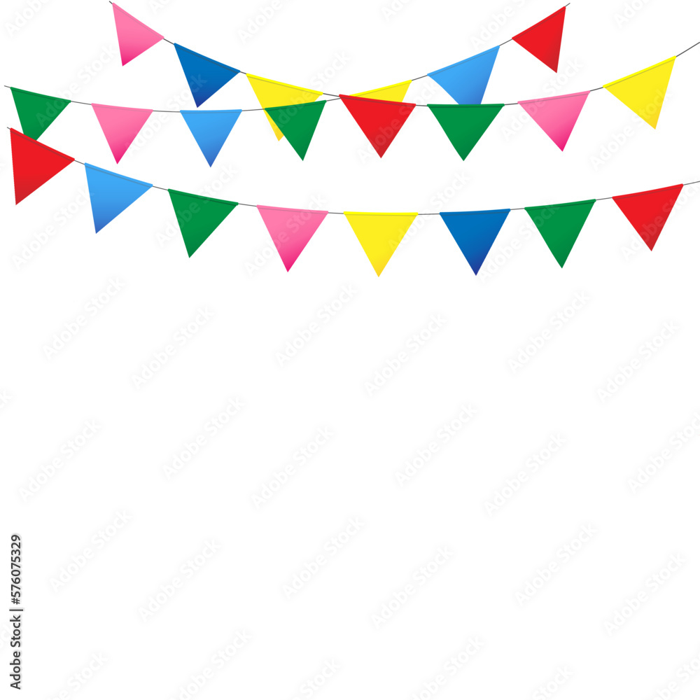Festive garland of colorful flags on transparent background. Birthday, Christmas, anniversary, and festival concepts. Vector illustrations. Festive garland of colorful flags on transparent background. Birthday, Christmas, anniversary, and festival concepts. Vector illustrations.