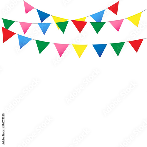 Festive garland of colorful flags on transparent background. Birthday, Christmas, anniversary, and festival concepts. Vector illustrations.