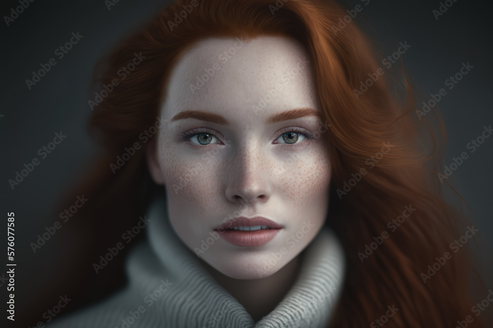 Fototapeta premium The Redhead's Charm Mesmerizing Portrait of a Redheaded Woman in a White Turtleneck, generative ai